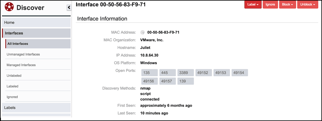 Schermata di Tanium discover che mostra informazioni dettagliate sull’interfaccia, tra cui l’indirizzo MAC e le porte aperte