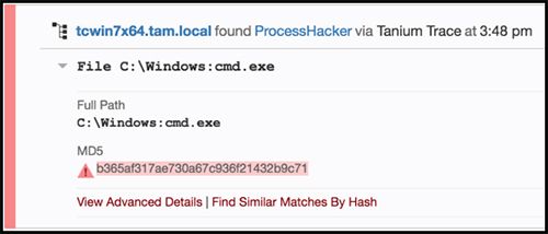 Tanium Trace visualizzazione dei dettagli relativi a cmd.exe e al processo di ProcessHacker