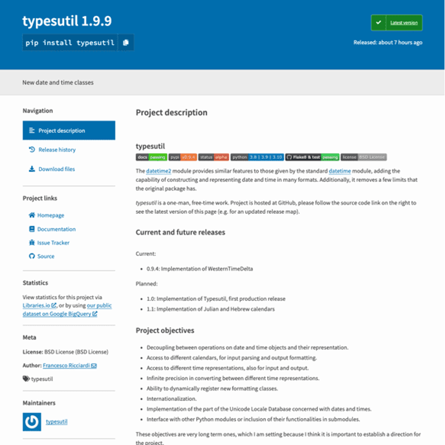 Pagina di destinazione su PyPI relativa al pacchetto dannoso typesutil