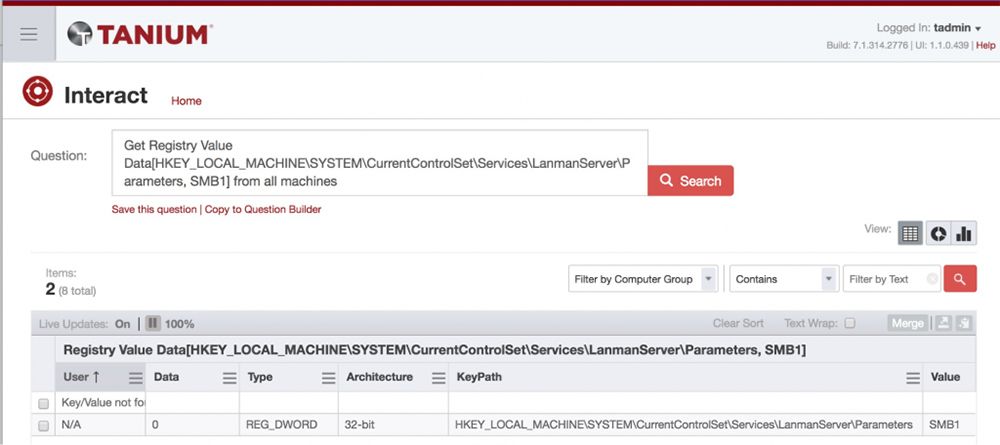 Tanium Interact query che mostra l'impostazione " Windows " del Registro di sistema SMB1 applicata su tutti i computer