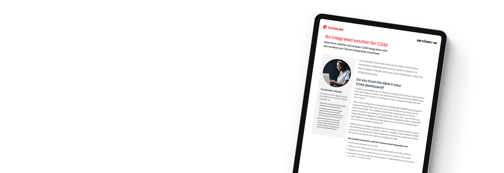 Tablet che mostra il solution brief di Tanium + ServiceNow per CDM con ritratto