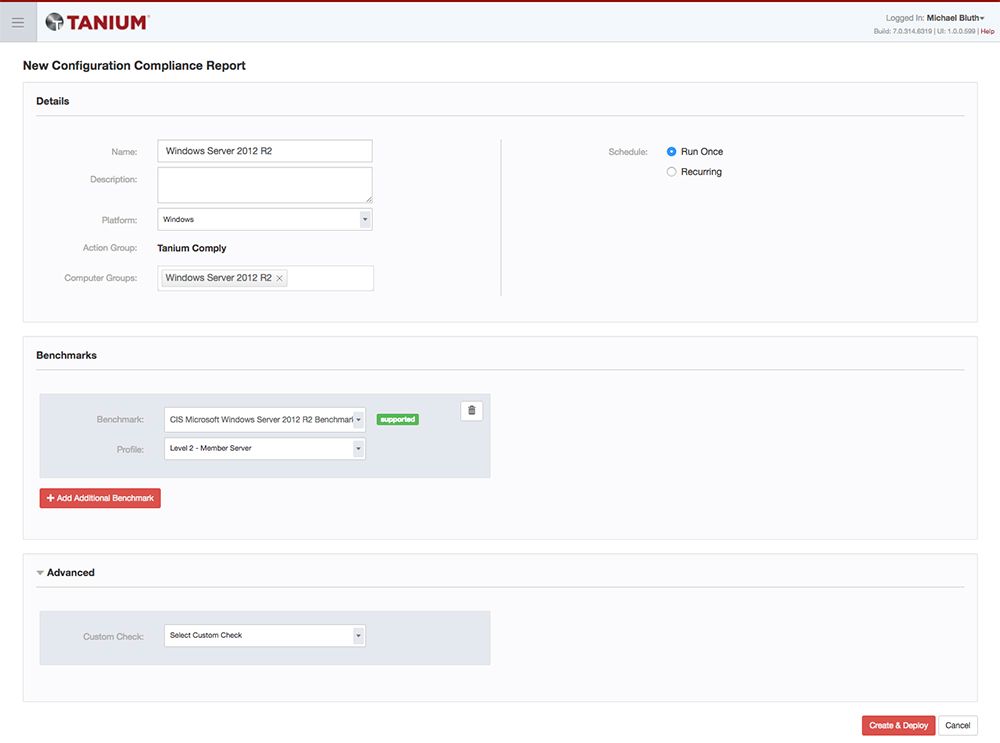 Tanium Comply Modulo per la creazione di un nuovo rapporto di conformità della configurazione per il server " Windows "