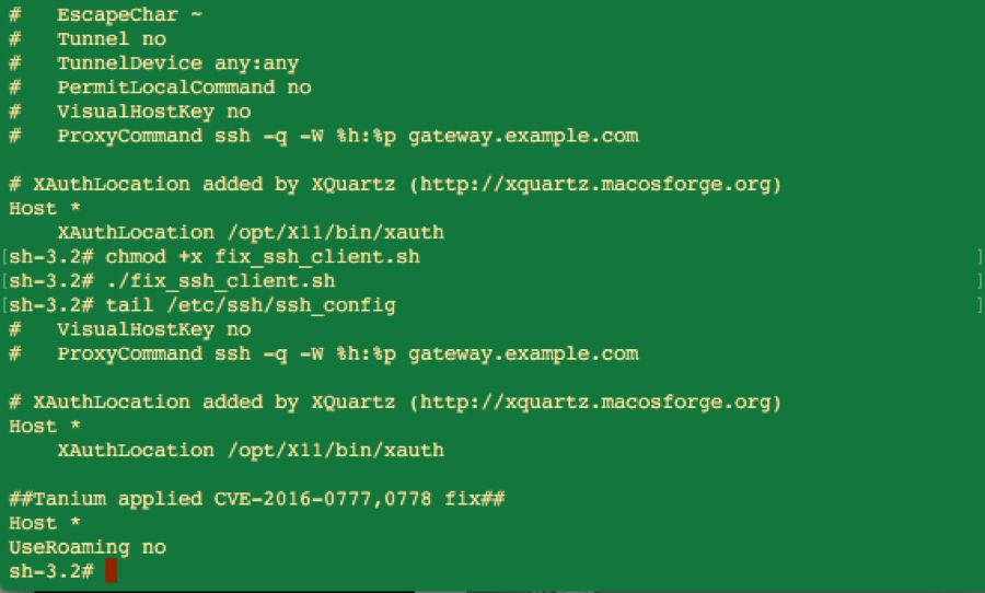File di configurazione SSH che illustra le impostazioni per la correzione delle vulnerabilità di OpenSSH e la configurazione di XAuthorization