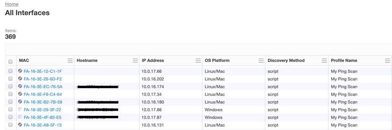 Screenshot della pagina “Tutte le interfacce” di Tanium , che elenca 369 interfacce di rete con indirizzo MAC, nome host, indirizzo IP e informazioni sulla piattaforma del sistema operativo