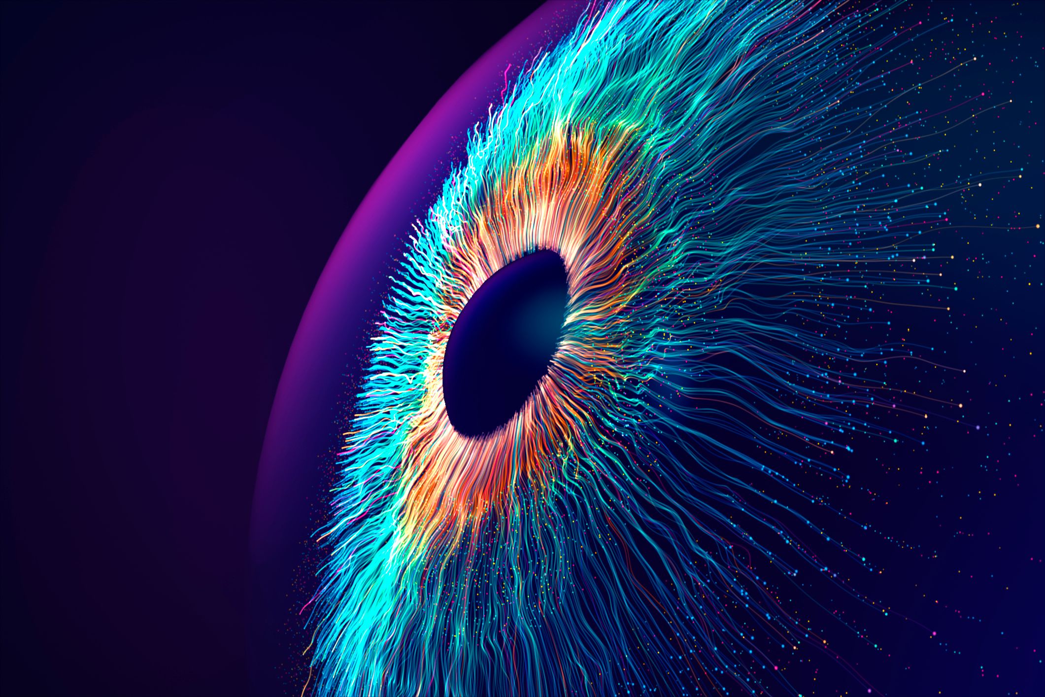 Un'esplosione di striature simili a fibre ottiche forma l'immagine di un bulbo oculare che fluttua nello spazio.