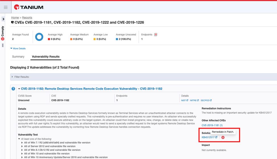 Screenshot dei risultati relativi alla vulnerabilità " Tanium Comply ", che mostra le informazioni relative a " CVE "