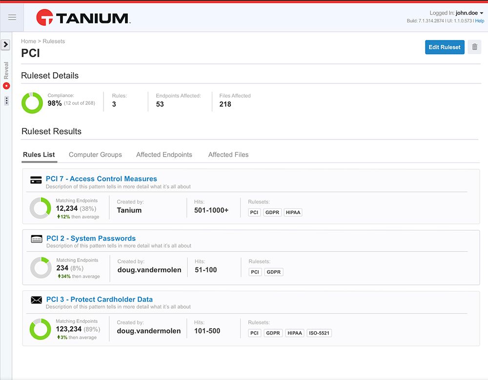 Schermata di Tanium Reveal che mostra i risultati del set di regole di conformità " PCI " e le metriche relative alla gestione delle vulnerabilità