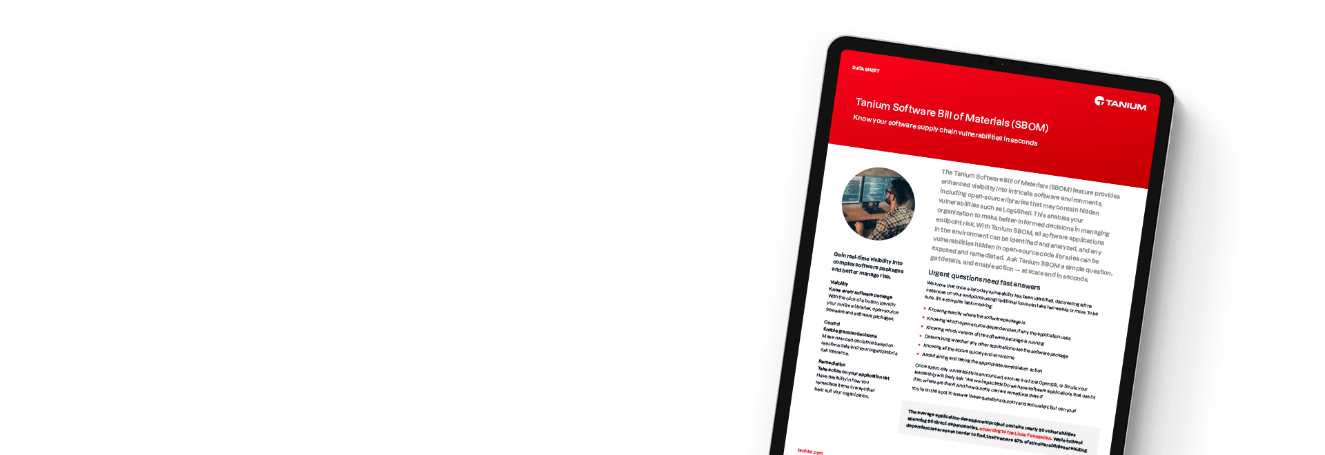 Tablet che mostra il breve documento SBOM Software Bill of Materials di Tanium