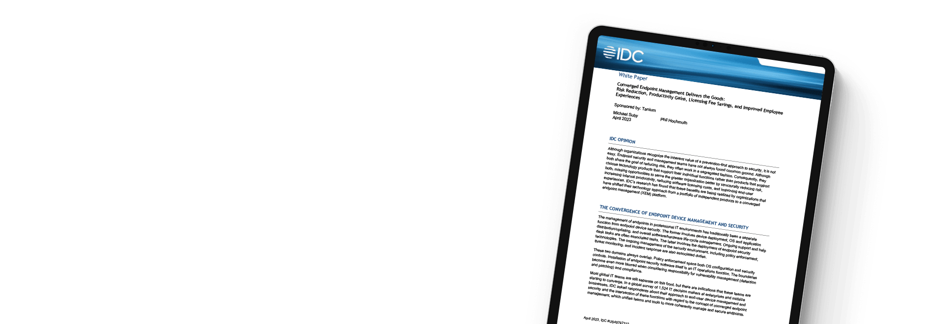 Tablet che mostra il whitepaper IDC 'Converged Endpoint Management Delivers the Goods'