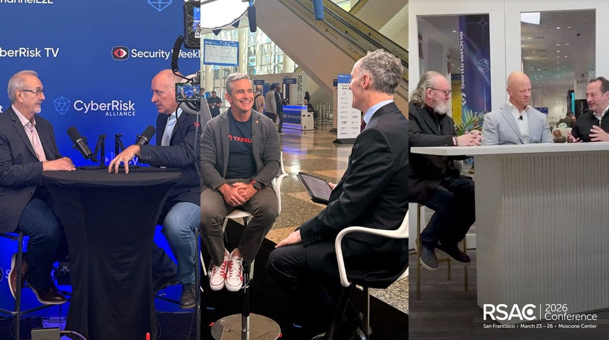 Triptych of images showing Tanium execs doing media interviews at RSAC 2026