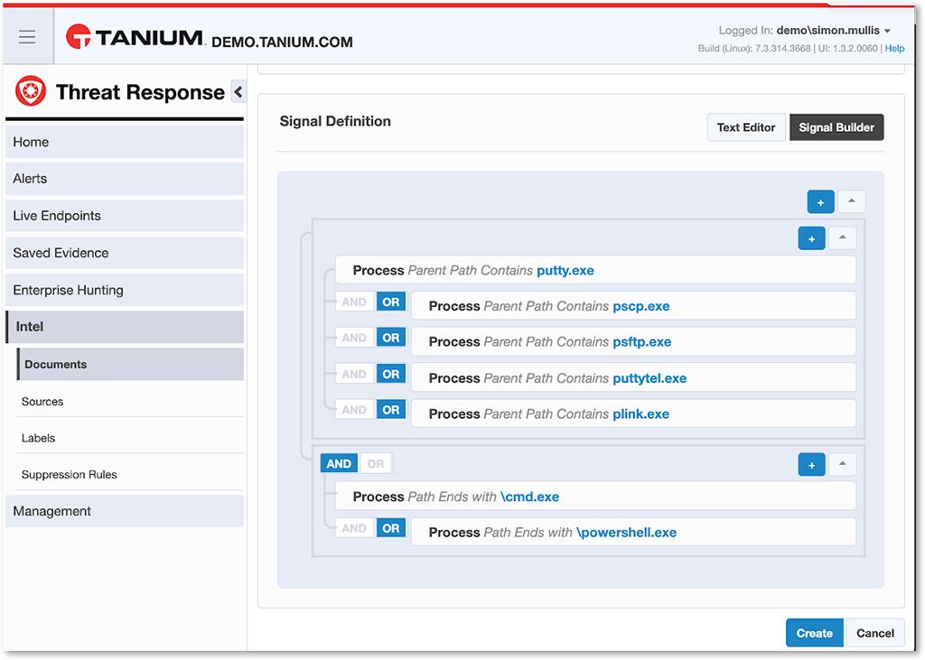 Schermata di Tanium Threat Response : generatore di definizioni di segnali con logica AND/OR che illustra le regole di rilevamento dei processi per putty.exe e i relativi file eseguibili