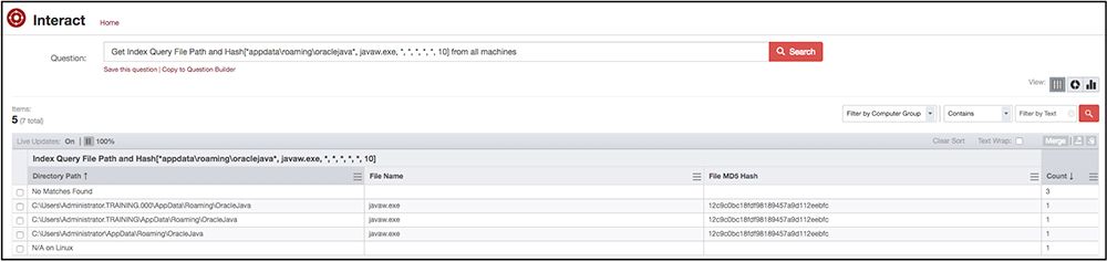 Tanium Interact Interfaccia che mostra i risultati della query relativa al file “ Index ” nell’ambito di un’indagine sul malware