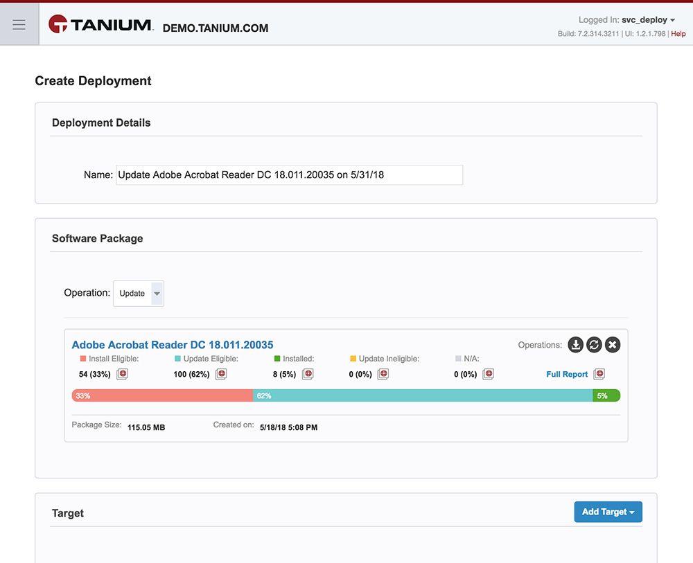 Tanium Deploy Interfaccia per la creazione di distribuzioni relative all'aggiornamento di Adobe Acrobat Reader, che mostra i requisiti di idoneità e lo stato di avanzamento dell'installazione