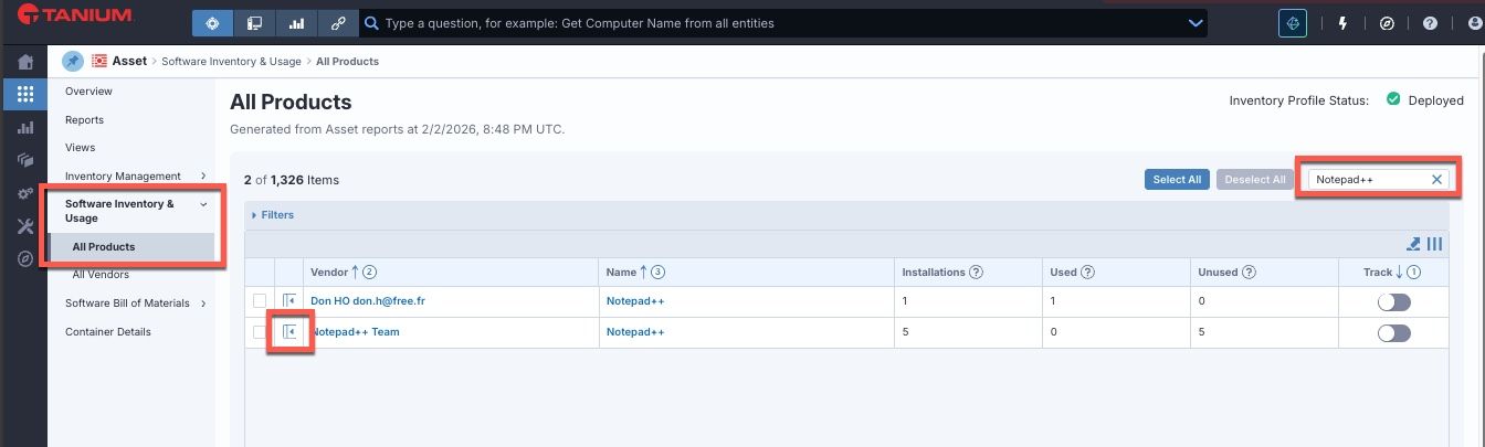 Screenshot di " Tanium Software : Usage and Inventory" con percorso di navigazione per individuare i dispositivi su cui è in esecuzione Notepad++
