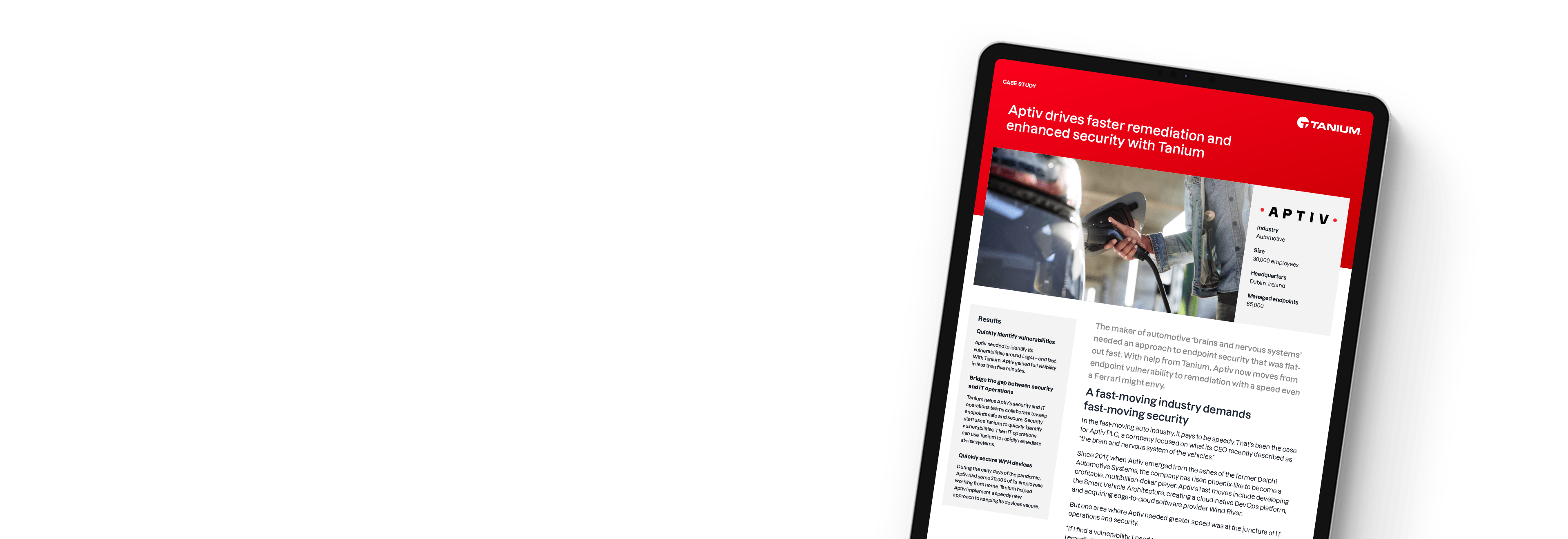 Tablet che mostra il caso studio 'Aptiv guida una remediation più rapida e una sicurezza potenziata con Tanium'