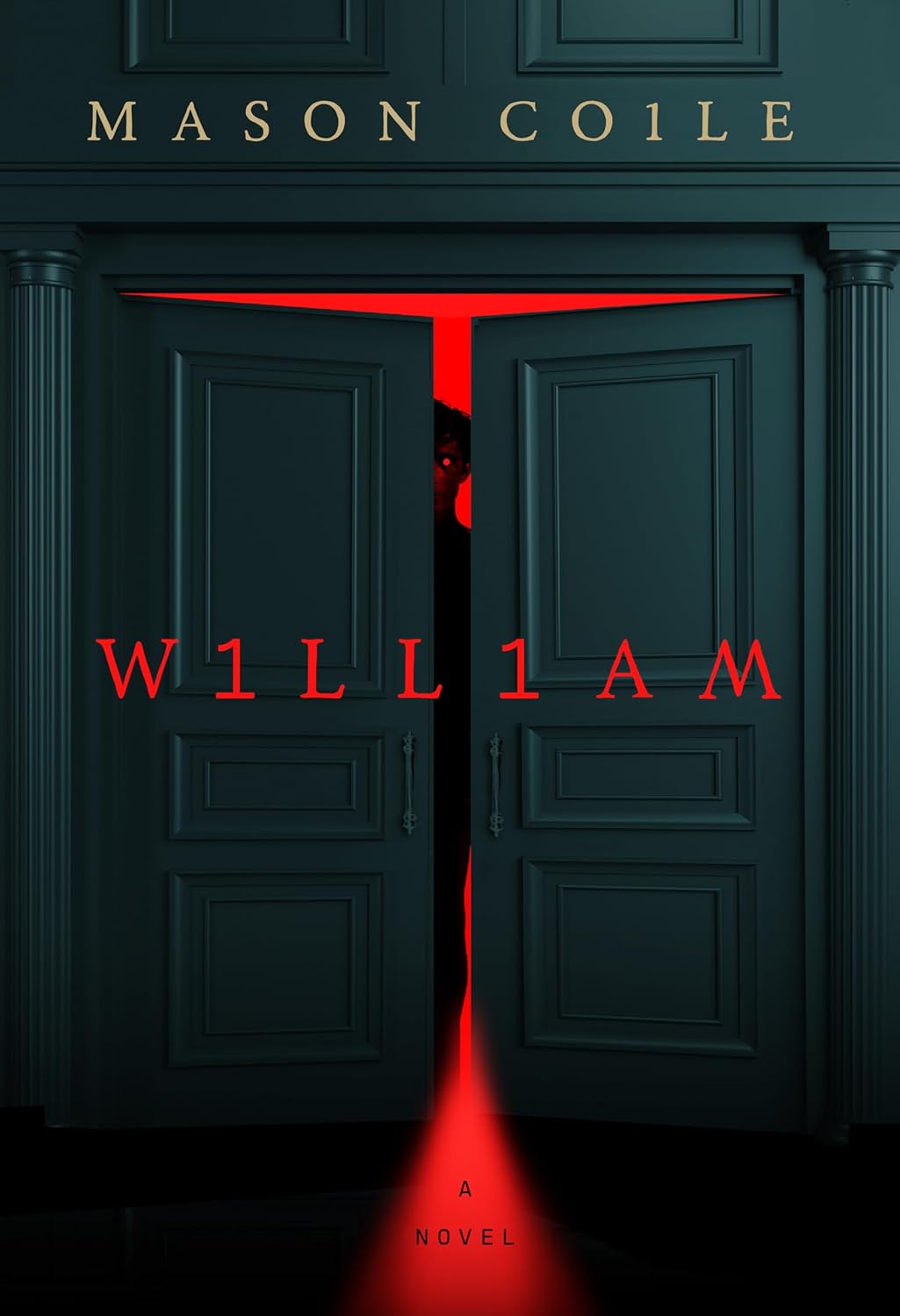 La copertina del libro *William*, che raffigura una coppia di portefinestre blu scuro socchiuse, da cui fuoriesce una luce rossa, e una figura sinistra che si stacca in controluce all’interno.