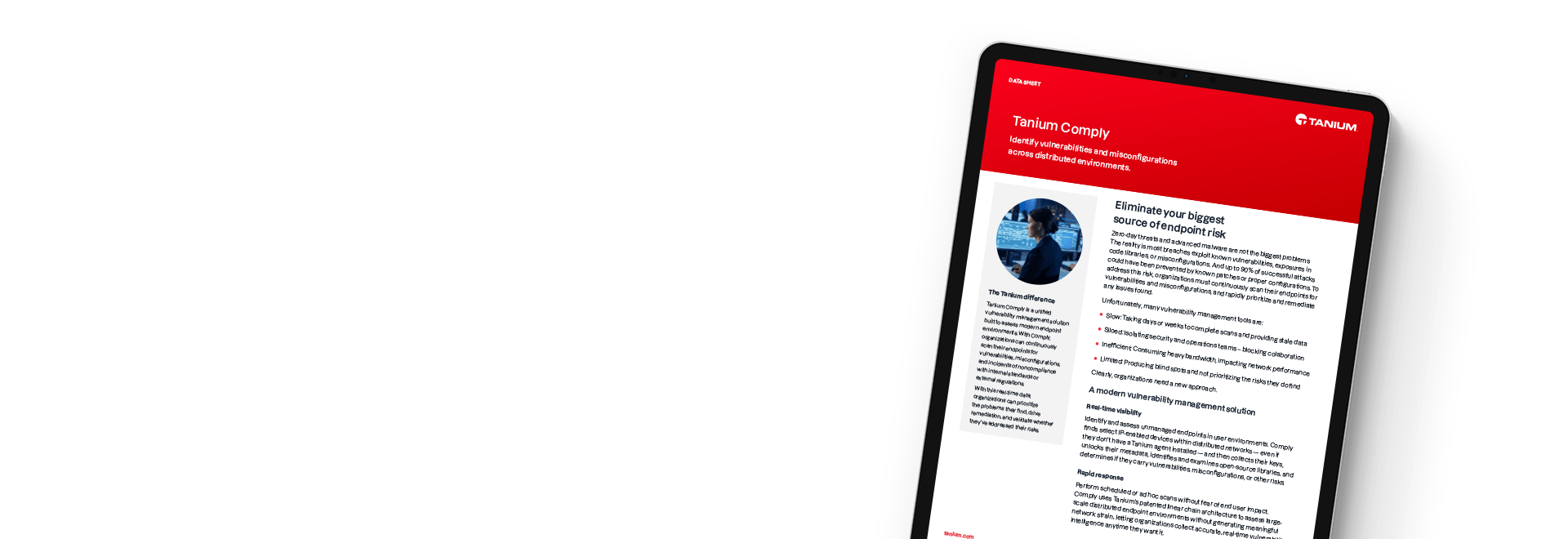 Tablet che mostra la scheda tecnica di Tanium Comply per la gestione delle vulnerabilità