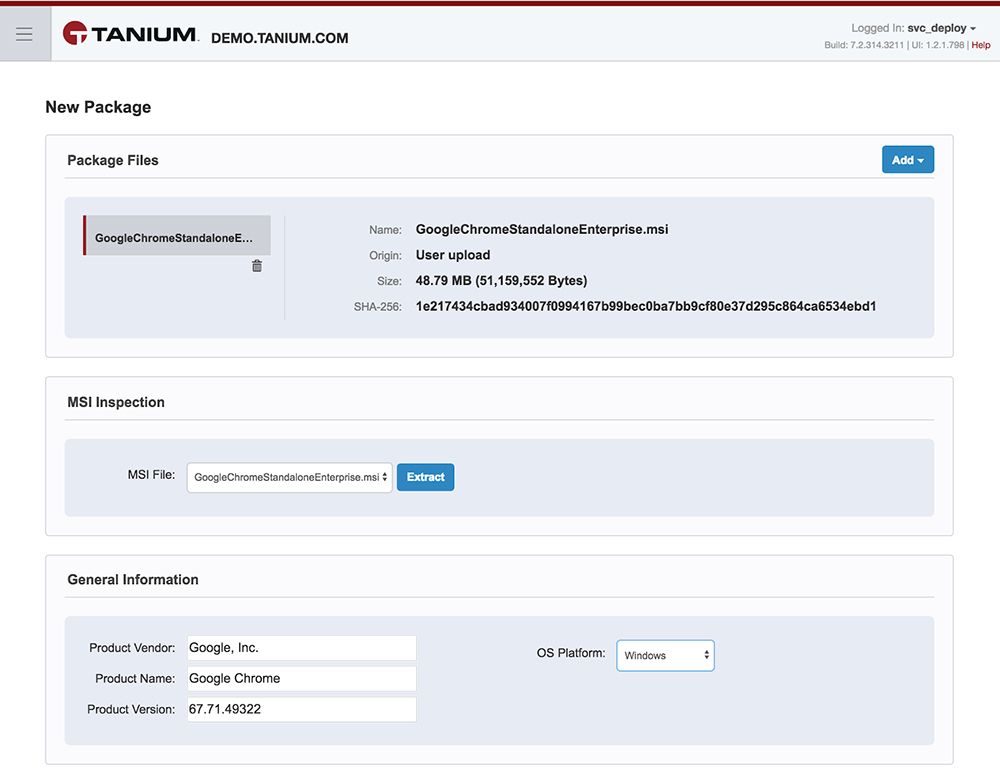 Tanium Deploy Interfaccia per la creazione di pacchetti che mostra Google Chrome MSI il caricamento dei file e i dettagli del pacchetto