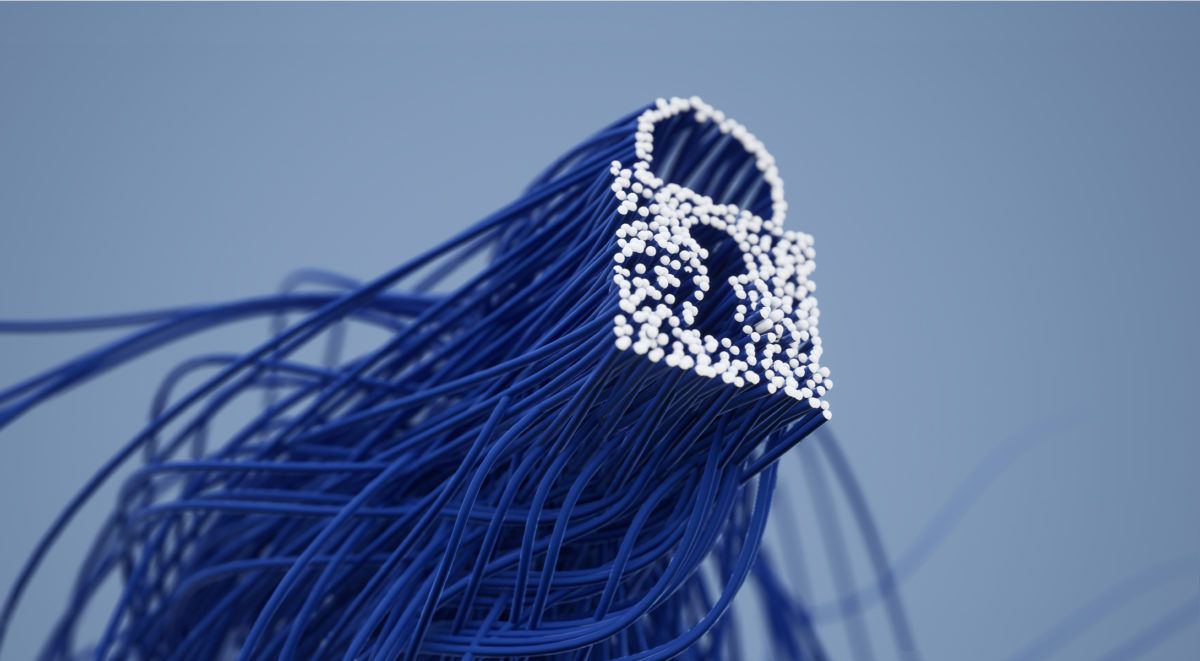Illustrazione di cavi in fibra ottica blu con il simbolo di un lucchetto digitale