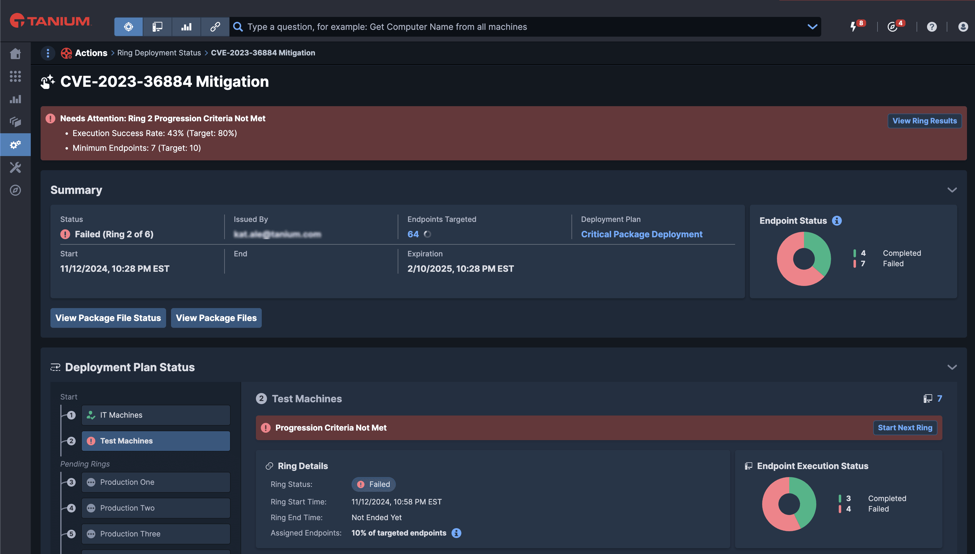 Screenshot della schermata “Stato di distribuzione di Ring” di Tanium che mostra un processo che richiede attenzione