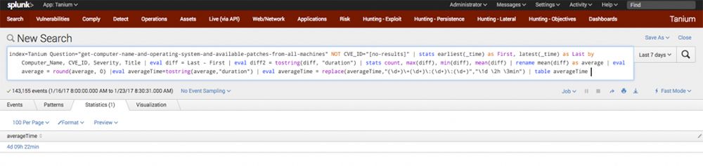 Splunk interfaccia che mostra la query di ricerca per l'aggregazione degli aggiornamenti di sicurezza