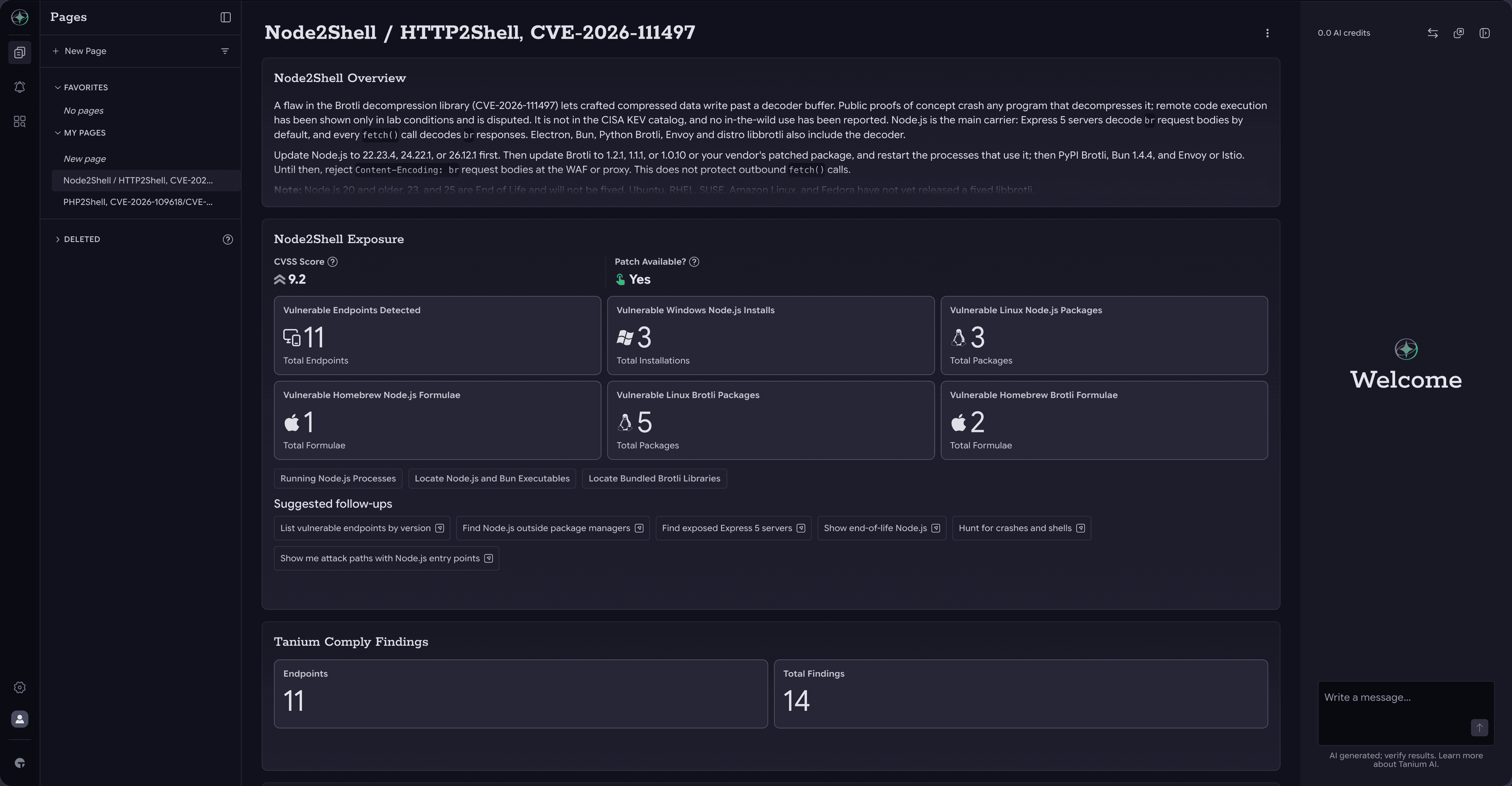 Tanium Pagina dell’Atlas relativa alle voci Node2Shell / HTTP2Shell (CVE-2026-111497) che riporta un punteggio CVSS pari a 9,2, la disponibilità delle patch e il numero di endpoint vulnerabili, di installazioni di Node.js e di pacchetti Brotli