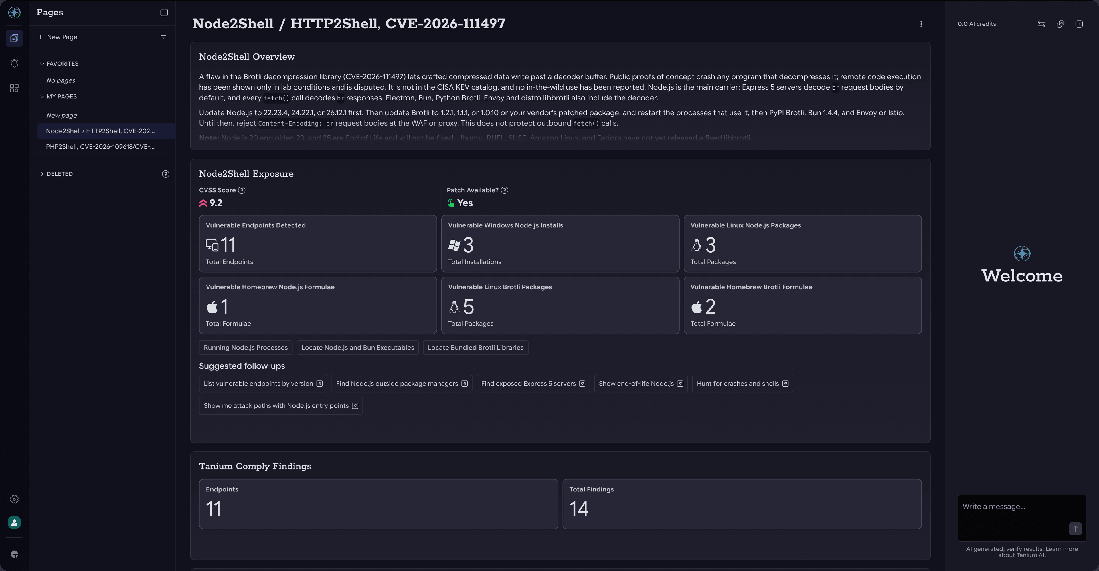 Tanium Pagina dell’Atlas relativa alle voci Node2Shell / HTTP2Shell (CVE-2026-111497) che riporta un punteggio CVSS pari a 9,2, la disponibilità delle patch e il numero di endpoint vulnerabili, di installazioni di Node.js e di pacchetti Brotli
