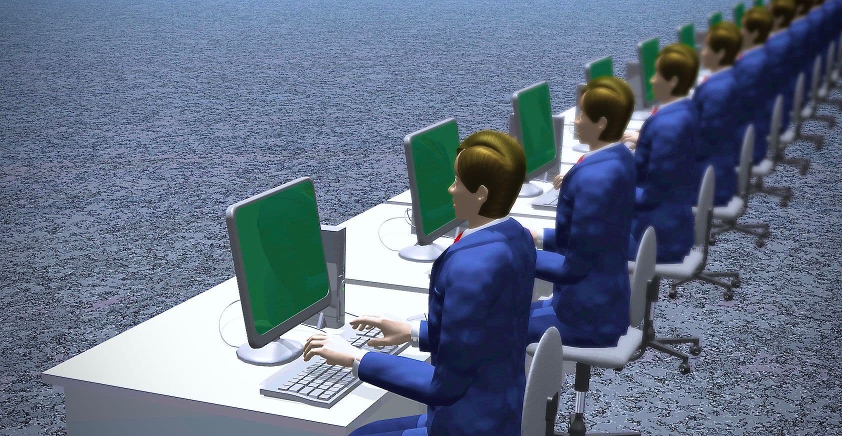 Un'immagine generata al computer che raffigura finti uomini d'affari al lavoro davanti a una fila di computer fissi.
