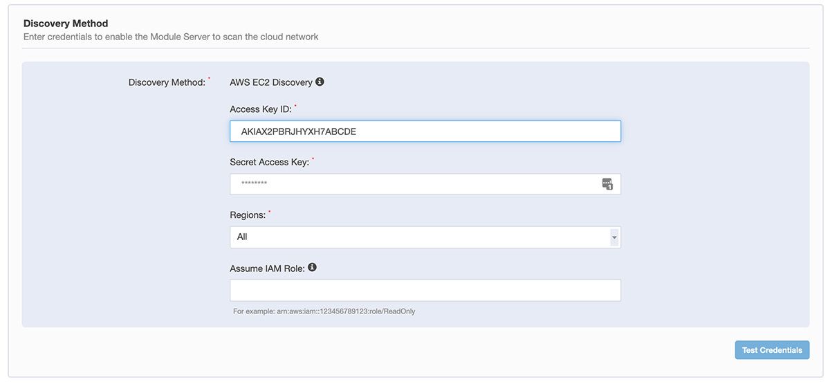 Schermata del modulo di configurazione del metodo di rilevamento " Tanium discover ", con le impostazioni di rilevamento " AWS EC2 " e i campi relativi alle chiavi di accesso