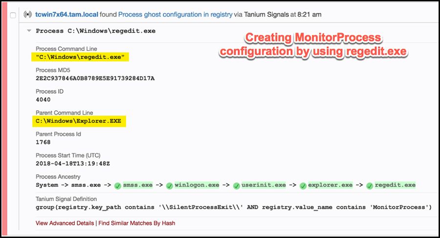 Tanium Avviso relativo alla configurazione "ghost" del processo tramite regedit