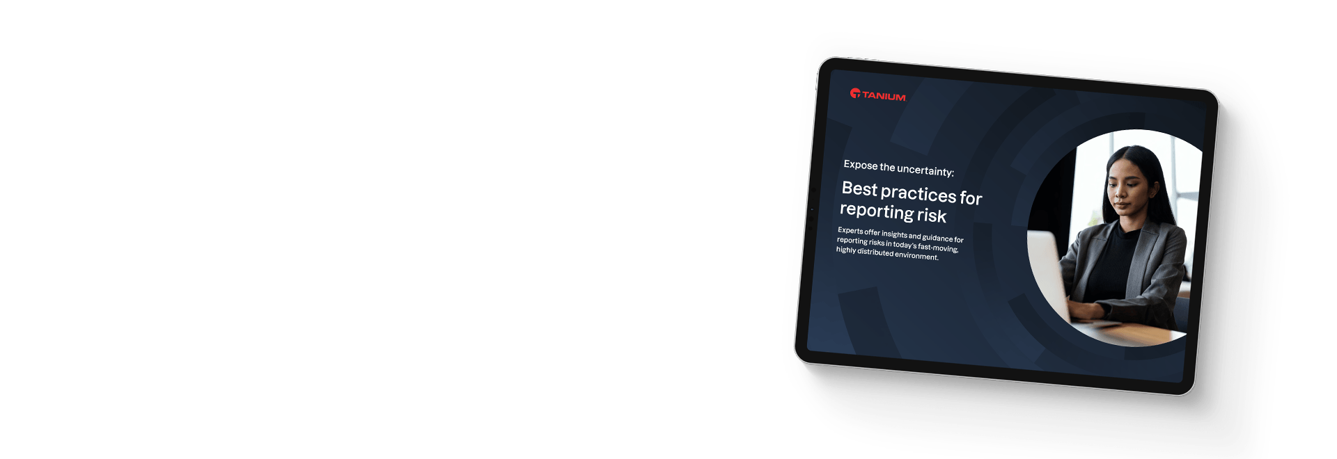 Tablet mockup of "Best practices for reporting risk" eBook with professional featured