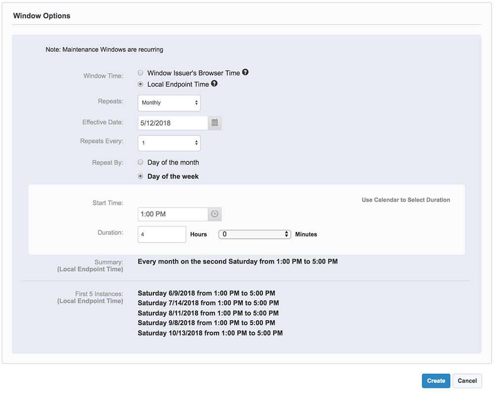 Tanium Deploy Modulo di configurazione delle opzioni relative alle finestre operative per gli interventi di manutenzione mensili ricorrenti