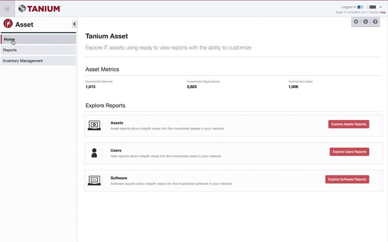 Schermata di Tanium Asset che mostra l’interfaccia iniziale con le sezioni “ Asset ”, “Metrics” ed “Explore Reports”