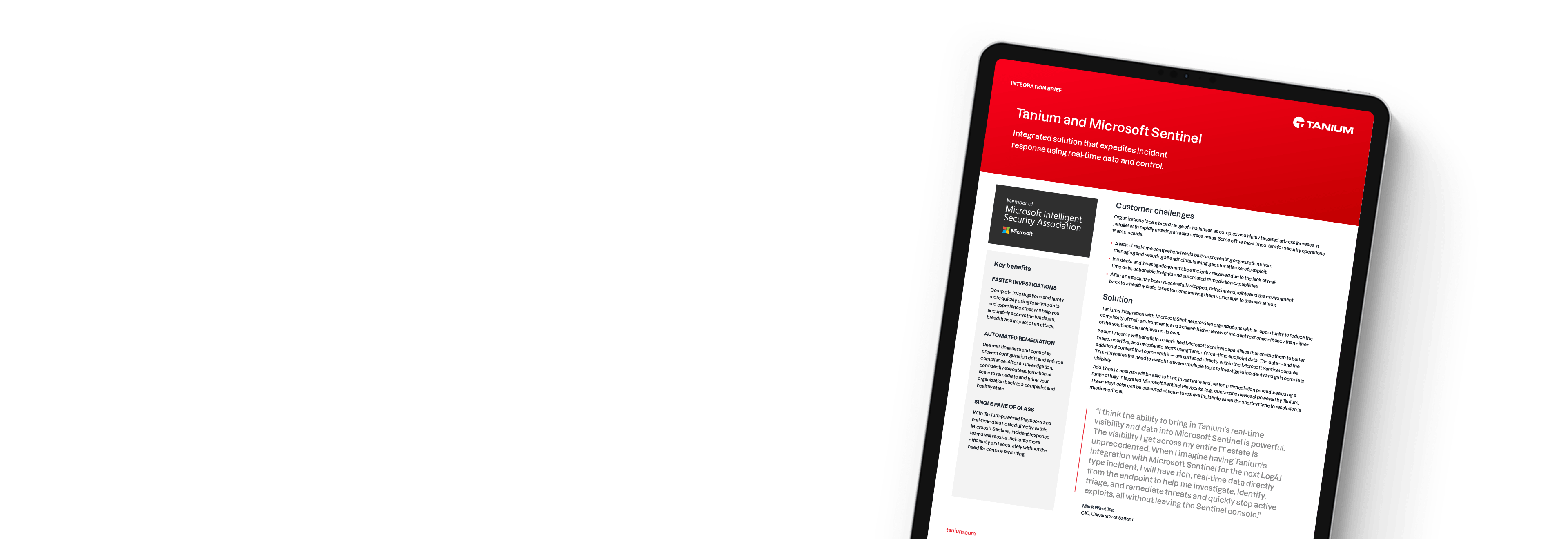 Tablet showing Tanium and Microsoft Sentinel integration brief