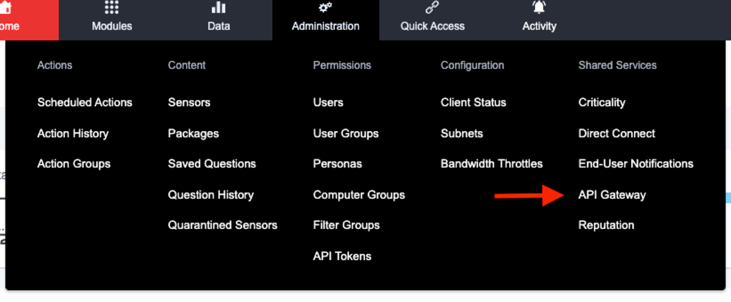 Screenshot 2: Indicazione della posizione dell’API Gateway nella console di Tanium