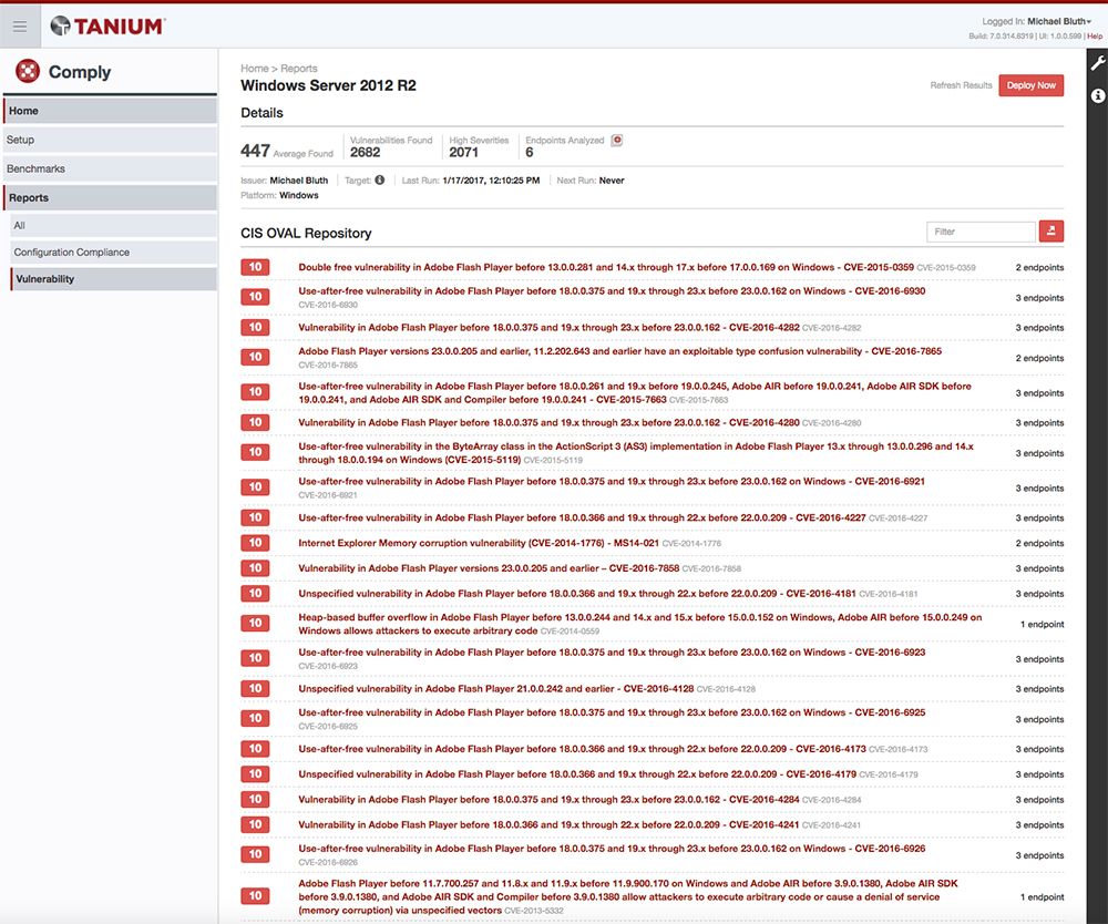 Tanium Comply rapporto sulle vulnerabilità che illustra le vulnerabilità di Flash Player rilevate dal CIS OWAL e il relativo impatto