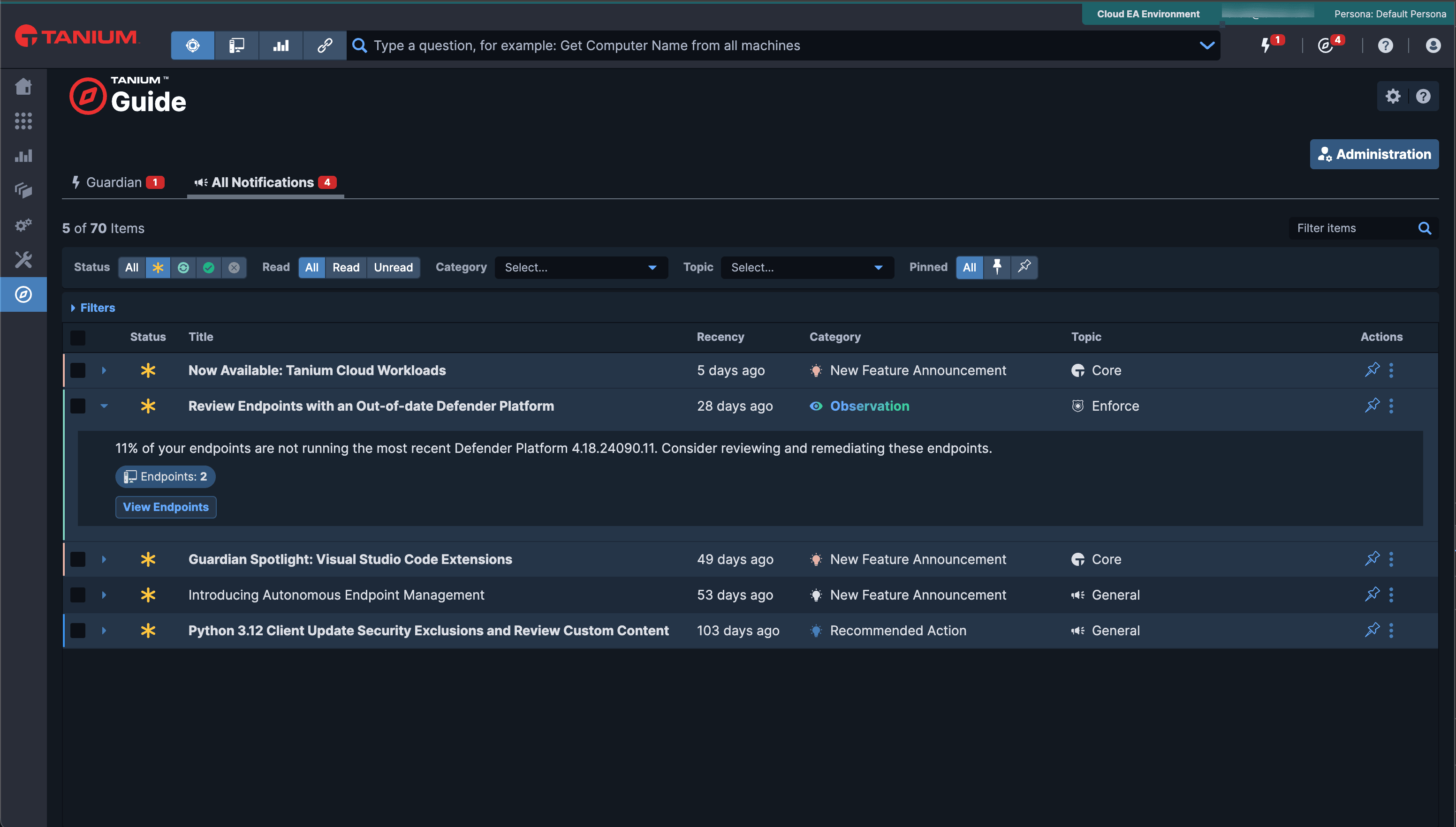 Screenshot dell’area di lavoro completa della guida “ Tanium ”