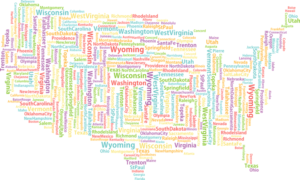 Nube di parole degli Stati Uniti che mostra i nomi degli Stati e delle principali città in vari colori