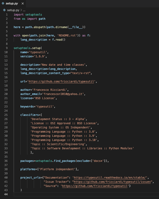 schermata di setup.py tratta dal pacchetto dannoso typesutil