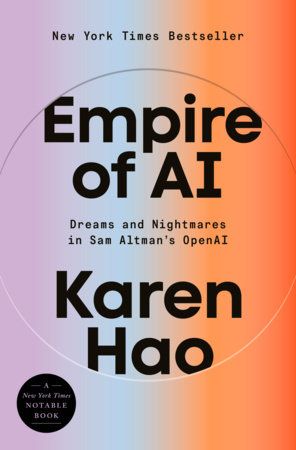 The cover of Karen Hao's book "Empire of AI," awash in lavender, turquoise and orange stripes.