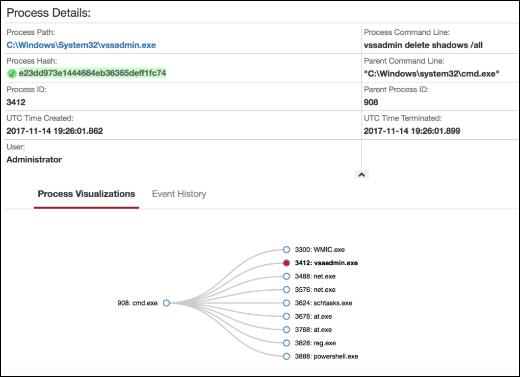 Schermata della visualizzazione dell'albero dei processi che mostra i processi padre e figlio generati dal malware SamSam