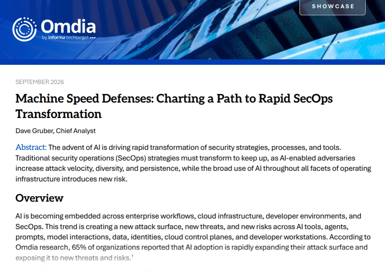 Prima pagina dello speciale di Omdia intitolato “Machine Speed Defenses: Charting a Path to Rapid SecOps Transformation” (Difese basate sulla velocità delle macchine: tracciare un percorso verso una rapida trasformazione delle operazioni di sicurezza), a cura di Dave Gruber, analista capo