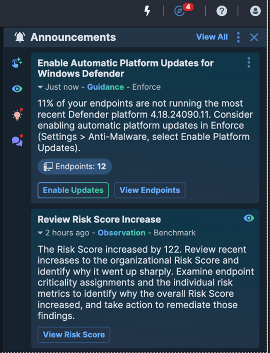 Screenshot della guida “ Tanium ”: Tanium La guida fornisce una sintesi delle notifiche e delle informazioni utili in una vista delle notifiche leggera e comprimibile, disponibile indipendentemente dalla posizione in cui si trova l’operatore all’interno della console Tanium .