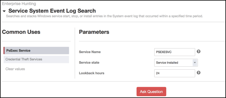 Schermata dell'interfaccia di ricerca nel registro eventi del sistema di servizio con i parametri del servizio PsExec