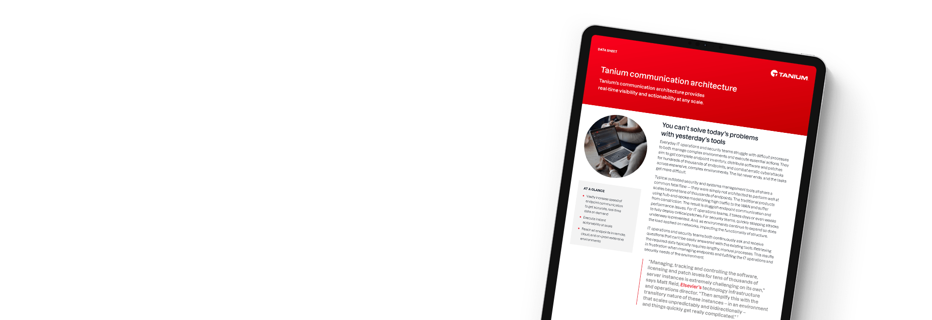 Tablet che mostra la scheda tecnica dell'architettura di comunicazione Tanium con la panoramica del sistema