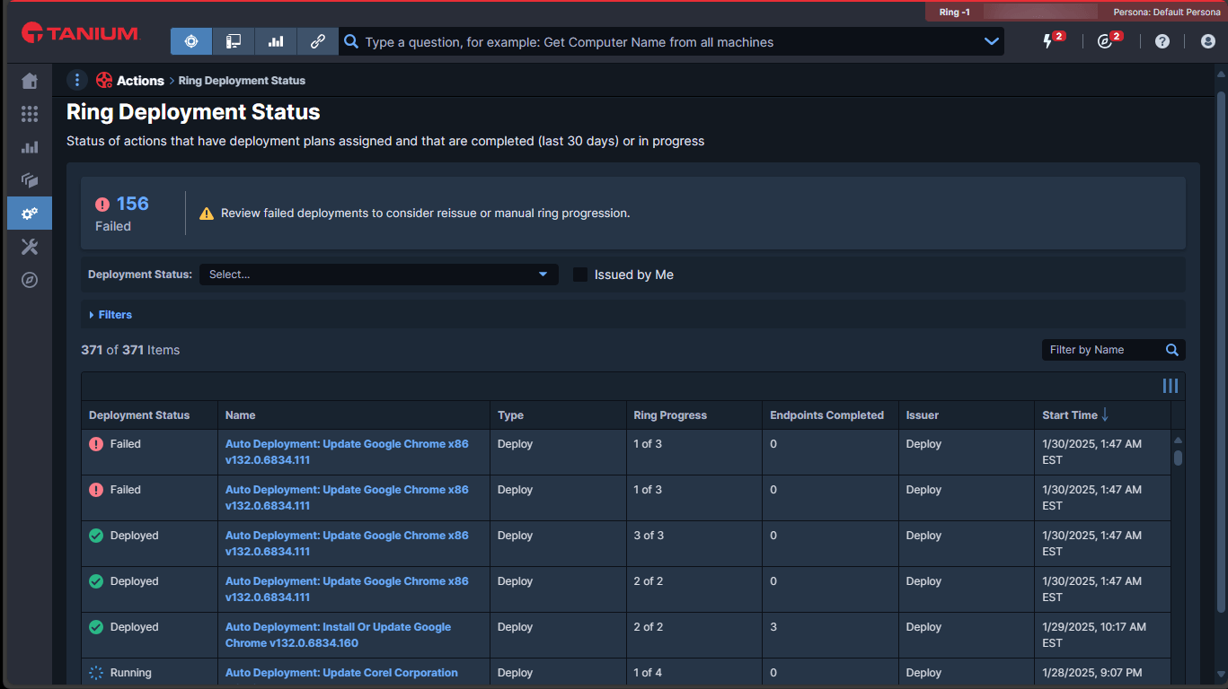 Uno screenshot della schermata “Stato di distribuzione degli anelli” ( Tanium ), in cui gli operatori possono monitorare in tempo reale lo stato di ciascuna azione