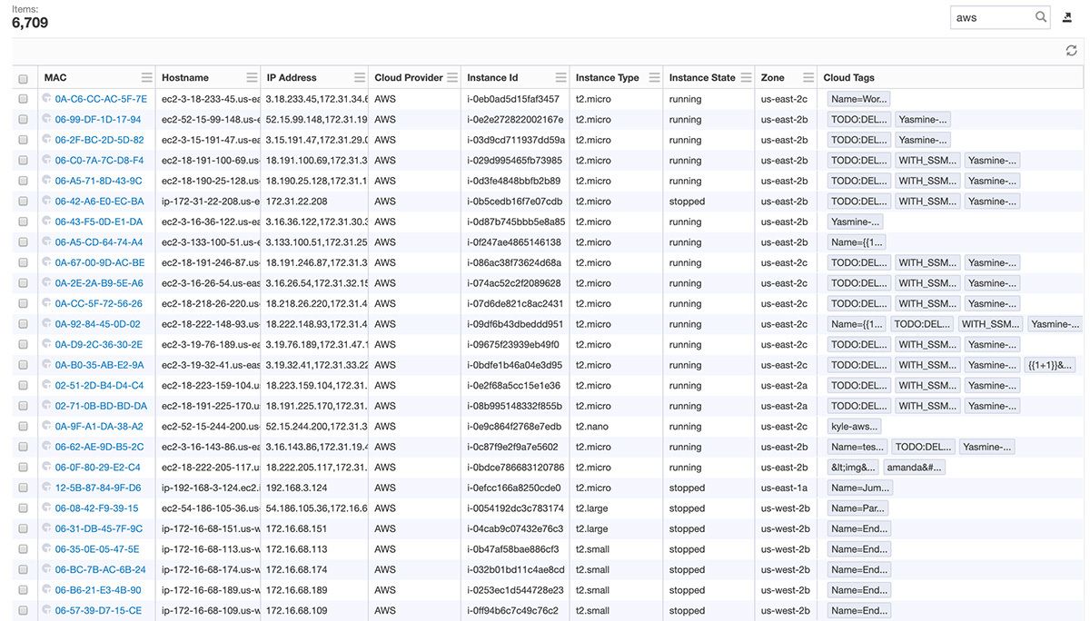 Schermata di Tanium discover che mostra una tabella contenente 6.709 endpoint individuati, con indirizzi MAC, nomi host, fornitori di servizi cloud e dettagli sulle istanze