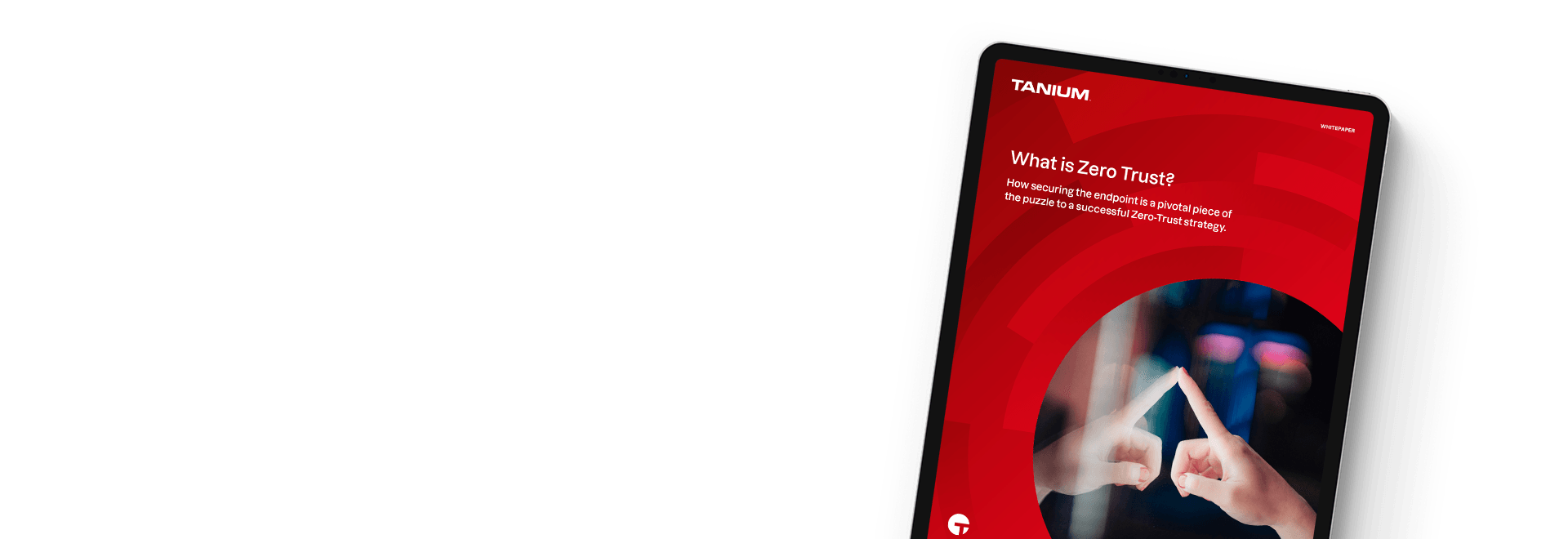 Mockup tablet di "Cos'è la Zero Trust?" whitepaper con immagini di sicurezza astratte