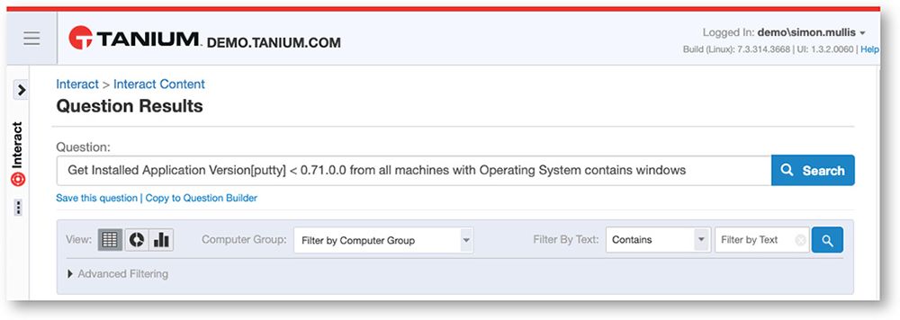 Schermata di Tanium Interact Question Risultati che mostrano le versioni delle applicazioni installate, filtrate in base al sistema operativo e alla ricerca testuale