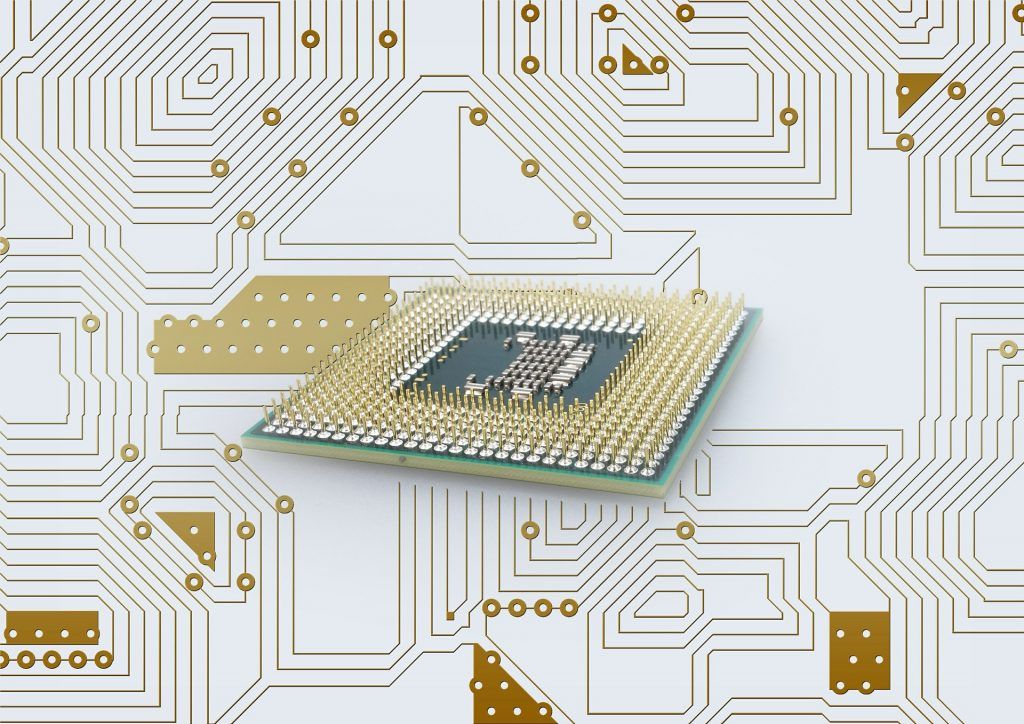 Figura 3D : illustrazione di un microprocessore montato su una scheda a circuiti stampati con i pin collegati